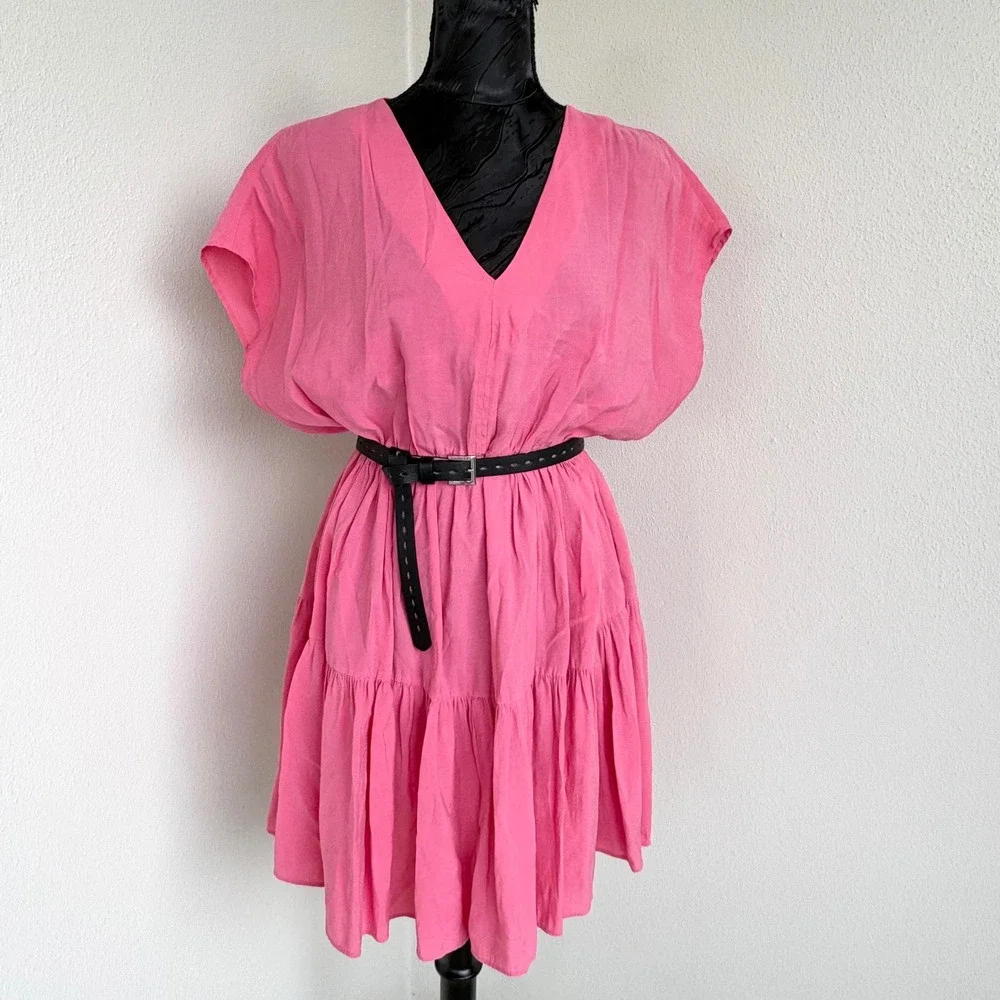 Mango Tiered V-Neck Mini Dress Womens Size 6‎ Pink